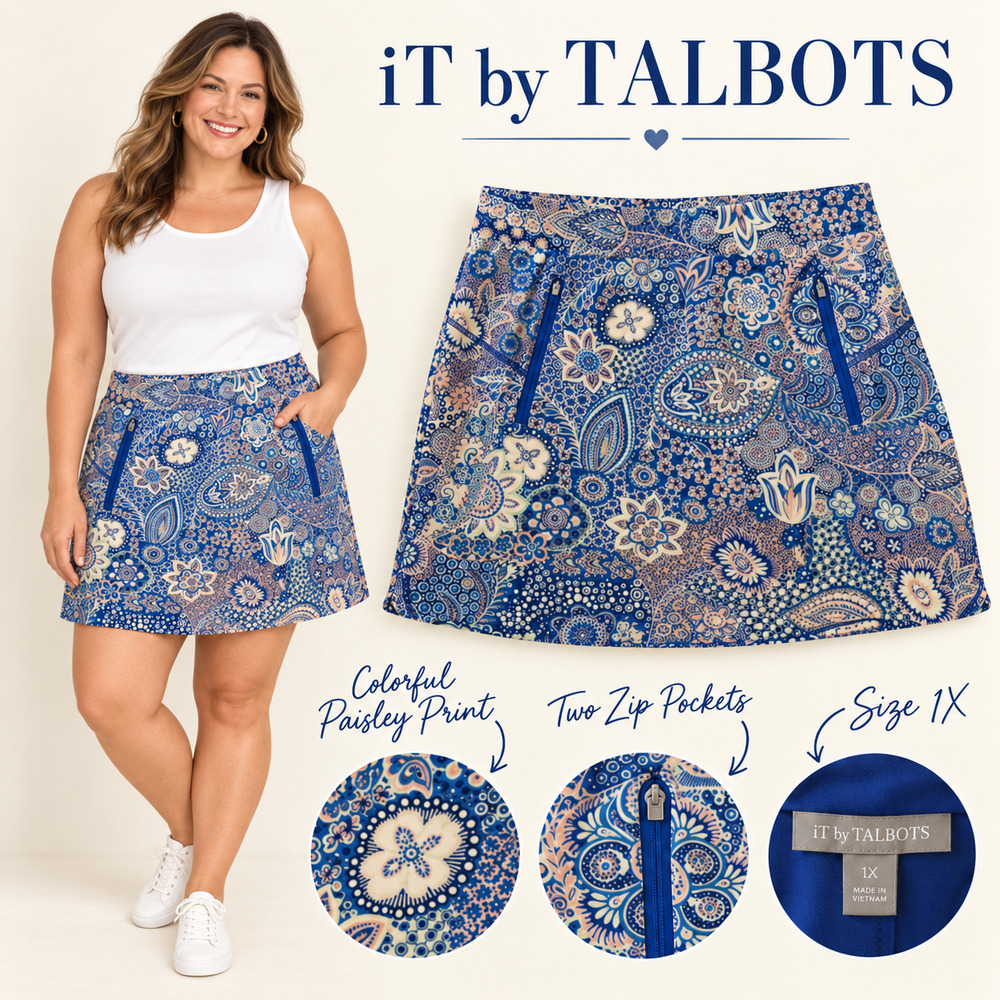 iT by Talbots Size 1X Blue Paisley Golf Tennis Skort Zip Pockets